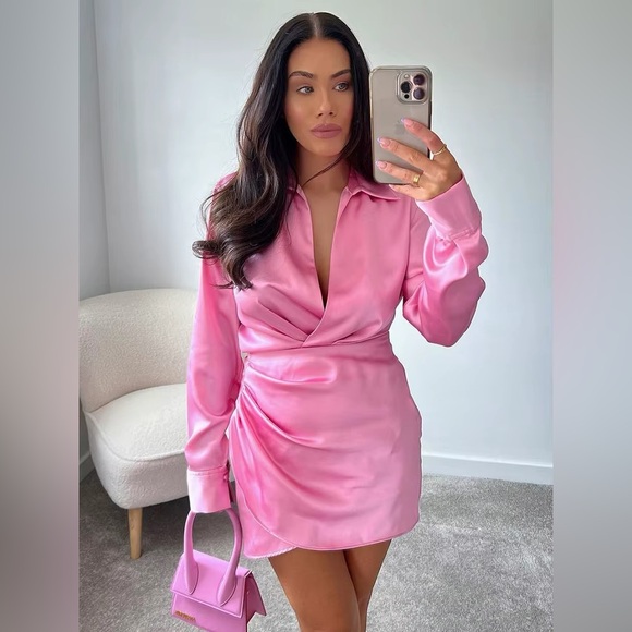 Zara mini dress satin effect drapped long sleeve pink party wedding coctail - Picture 2 of 7